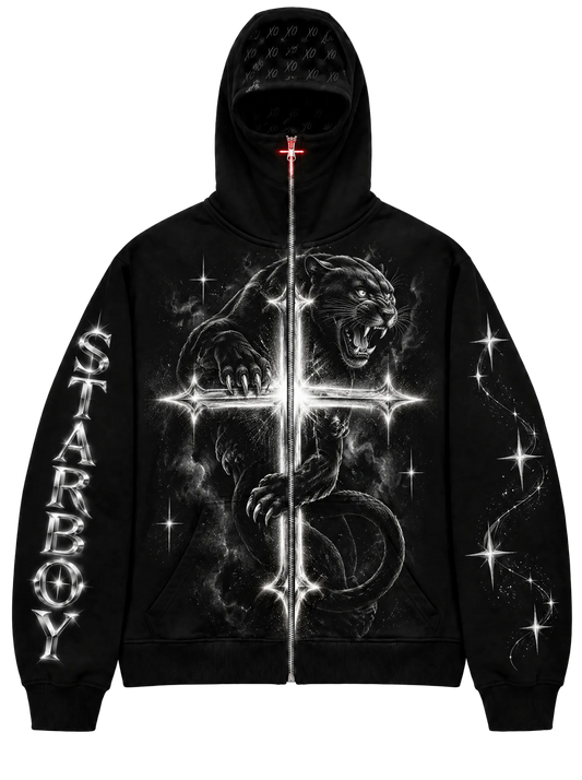XO Vault full-zip hood hoodie in Silver Cross – panther wrapped around a glowing silver cross