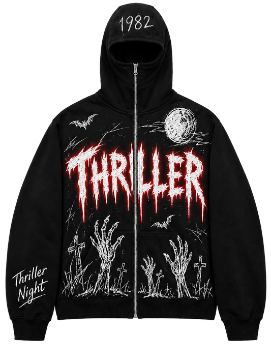 MJ Vault Thriller full-zip hoodie in black with glowing red Thriller lettering and graveyard hands