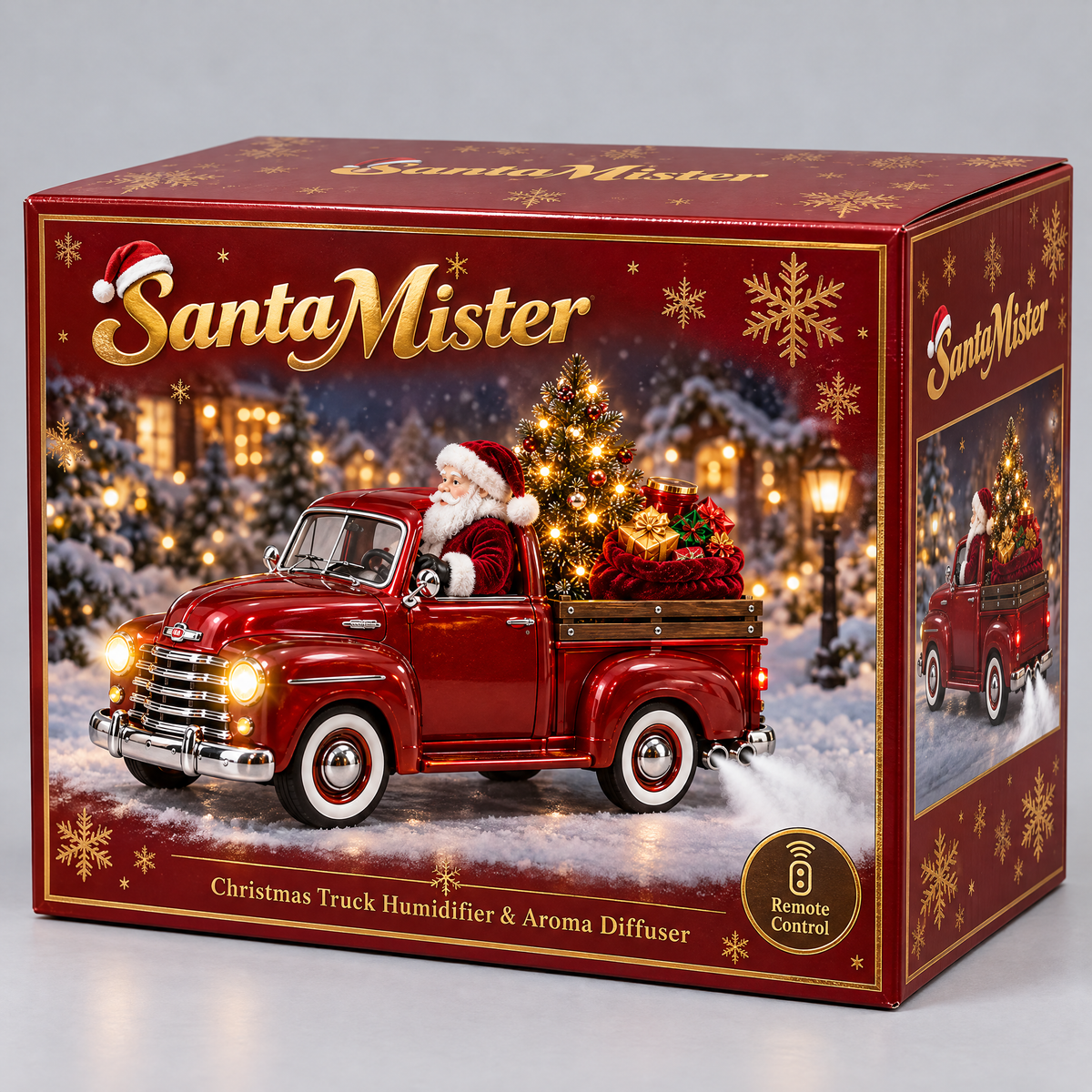 SantaMister red Christmas pickup truck humidifier with lit tree and gift sack