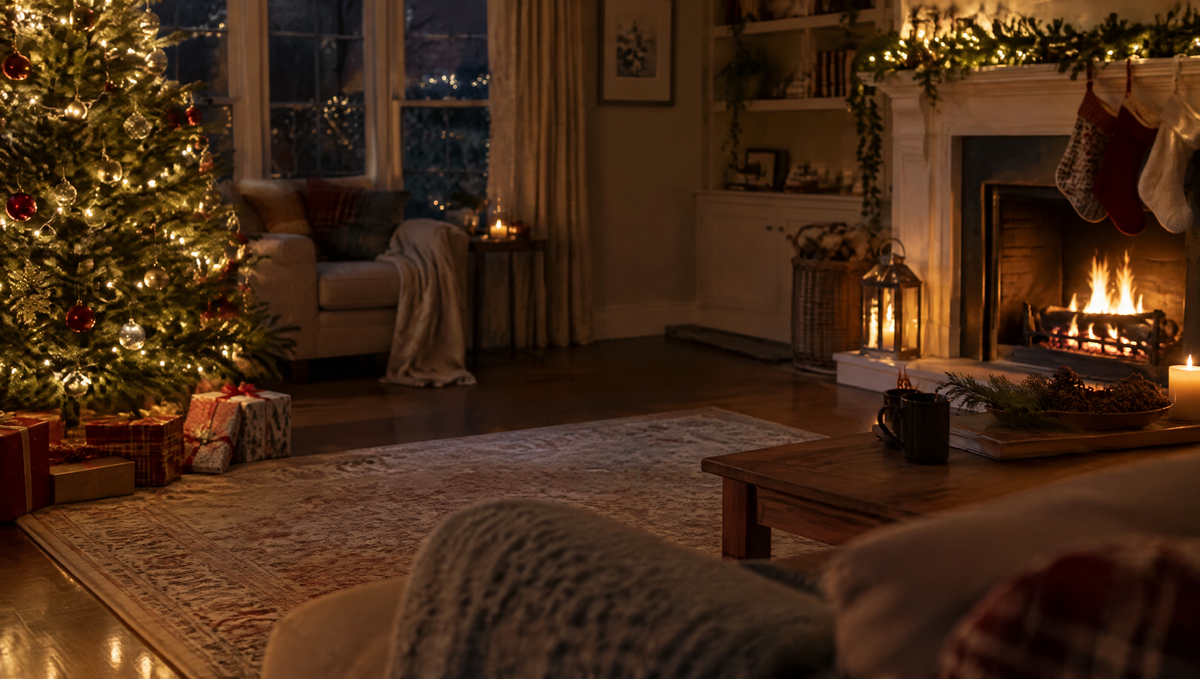 Cozy living room decorated for Christmas